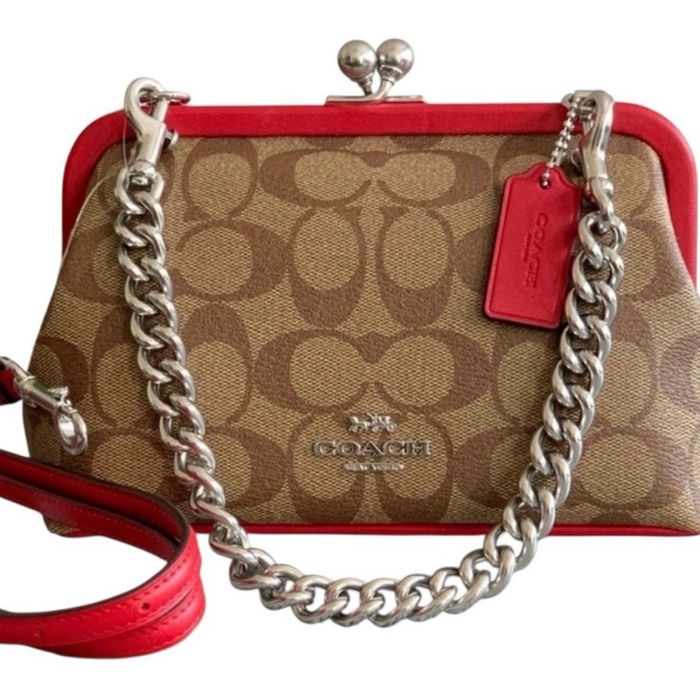 Coach Signature Kisslock Satchel | Brown Canvas + Red Trim | Silver Frame